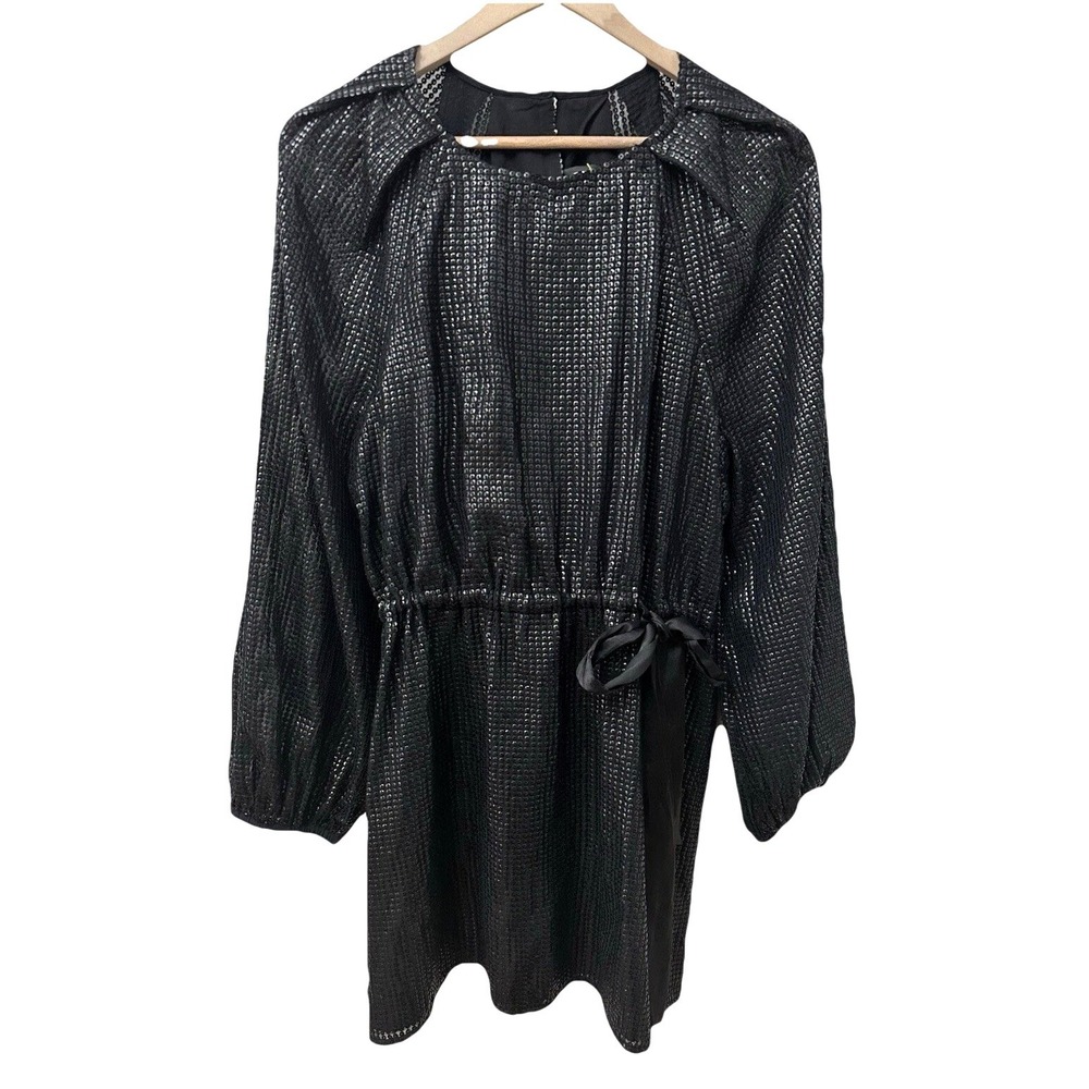 Something Navy Sequin Mini Dress Size M Black Long Sleeve Elastic Waist Tie